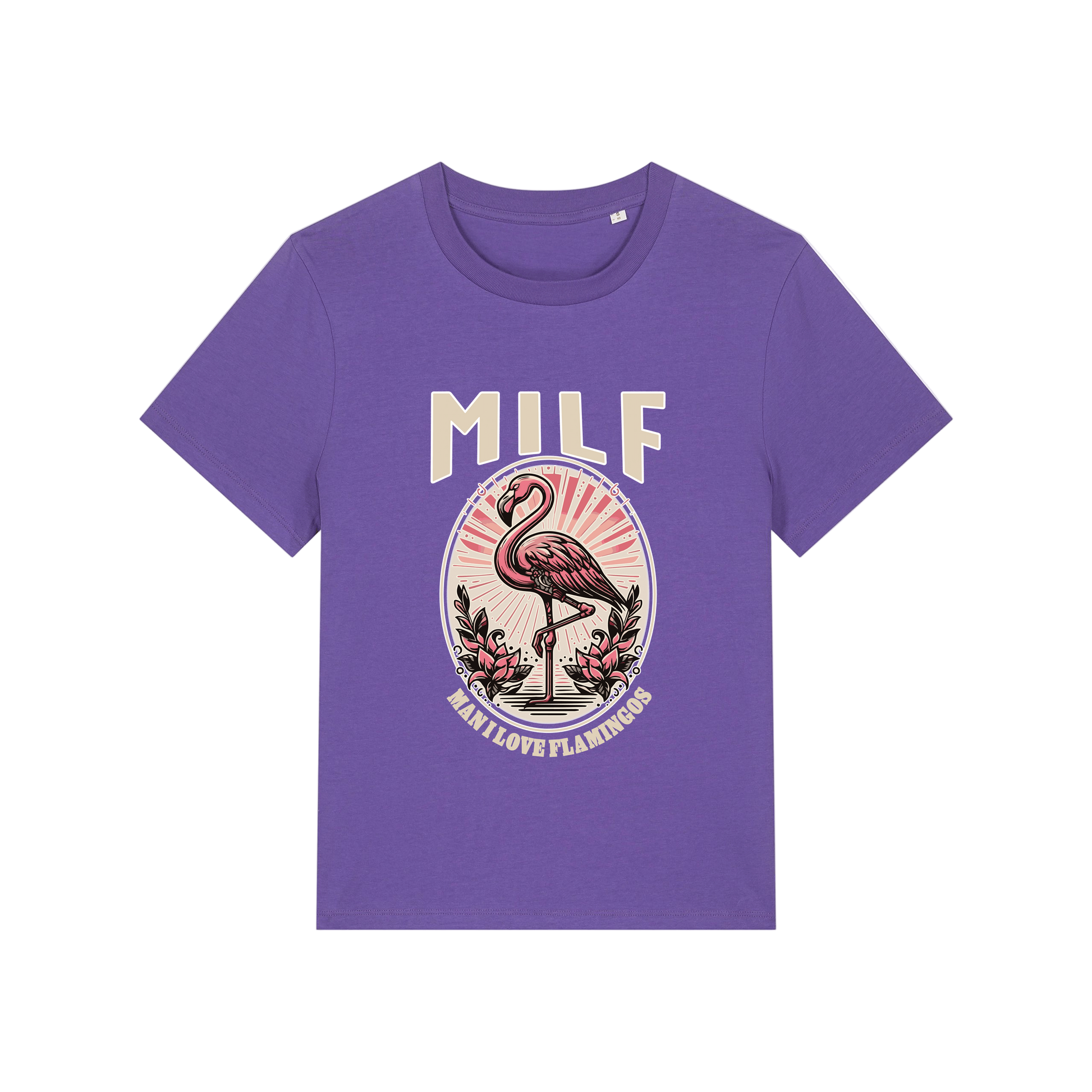 purple funny animal t-shirt with the graphic of a flamingo and the slogan 'milf .. man i love flamingos'