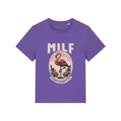 purple funny animal t-shirt with the graphic of a flamingo and the slogan 'milf .. man i love flamingos'
