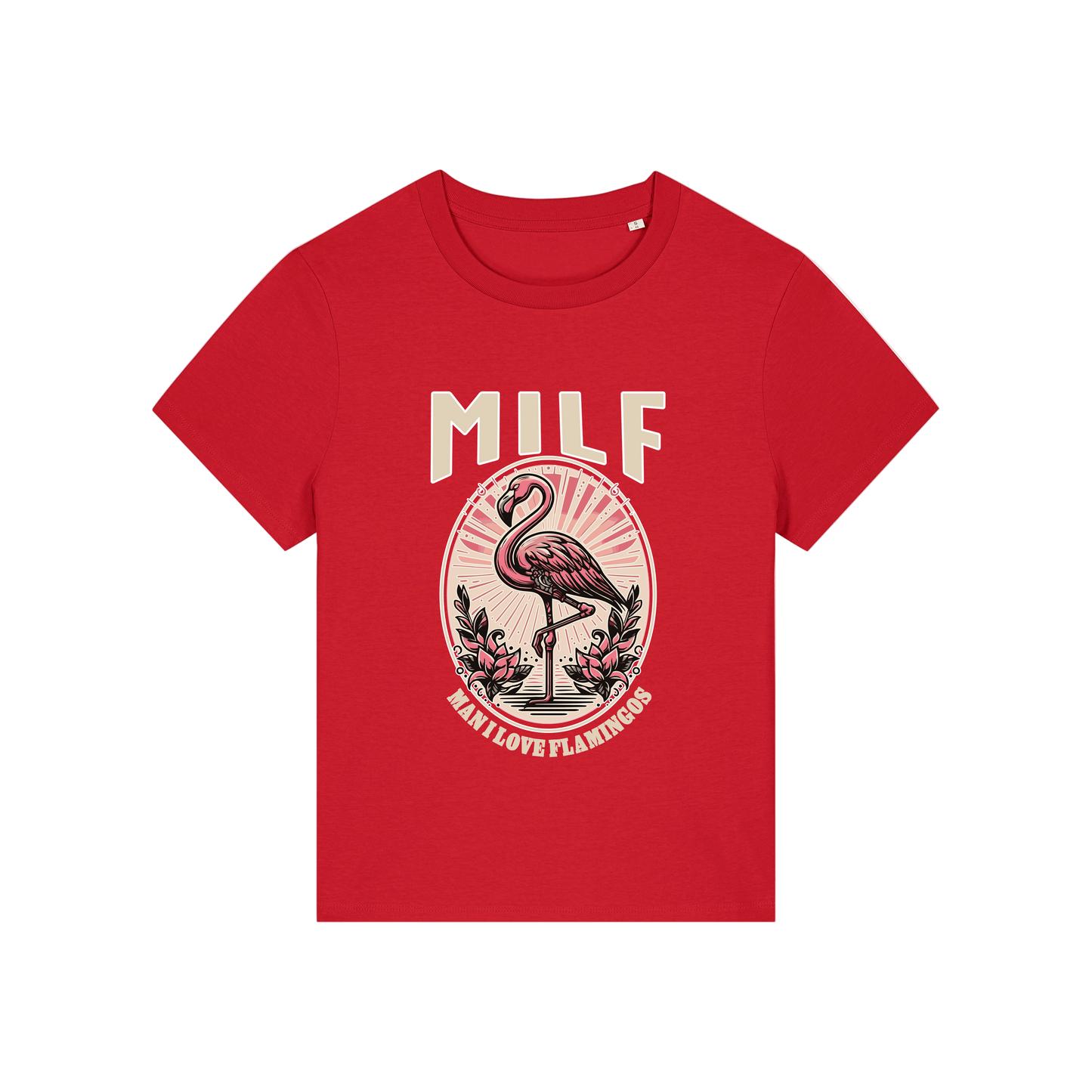red funny animal t-shirt with the graphic of a flamingo and the slogan 'milf .. man i love flamingos'
