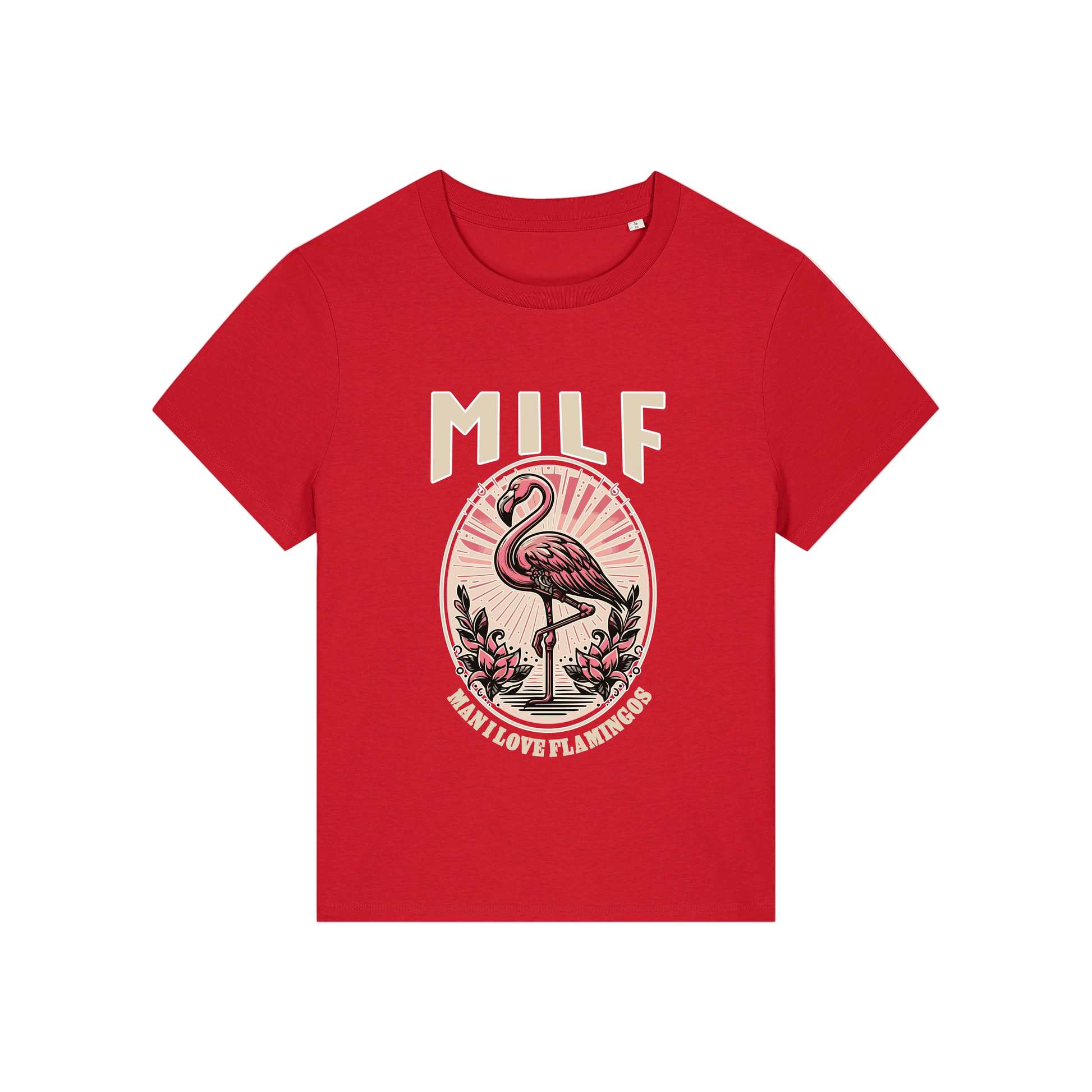 red funny animal t-shirt with the graphic of a flamingo and the slogan 'milf .. man i love flamingos'