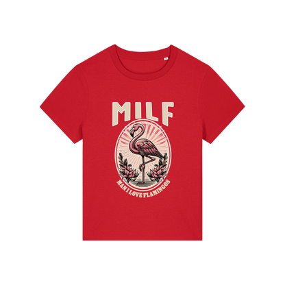 red funny animal t-shirt with the graphic of a flamingo and the slogan 'milf .. man i love flamingos'