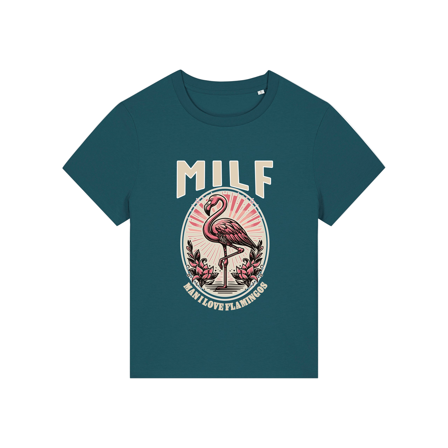 teal funny animal t-shirt with the graphic of a flamingo and the slogan 'milf .. man i love flamingos'