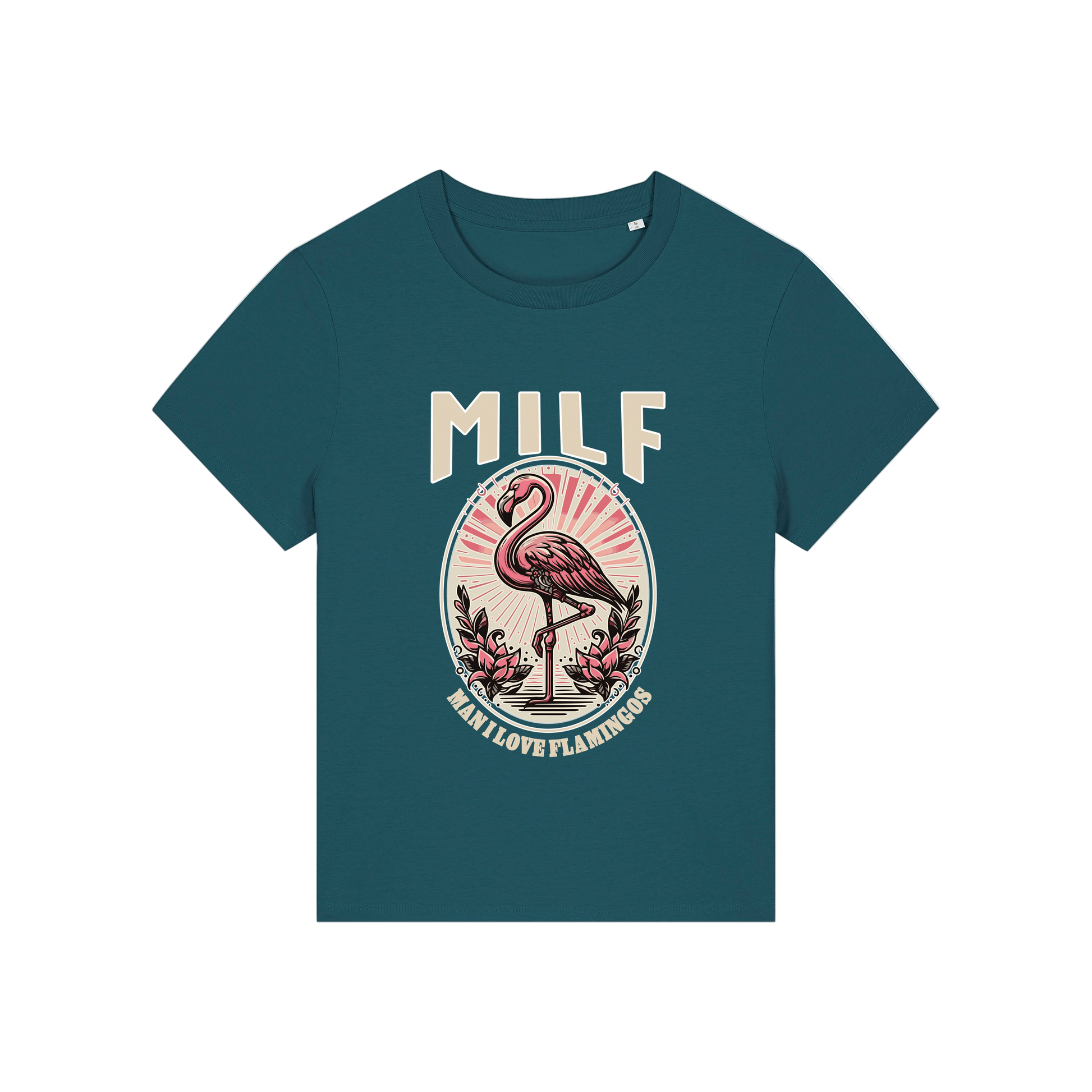 teal funny animal t-shirt with the graphic of a flamingo and the slogan 'milf .. man i love flamingos'