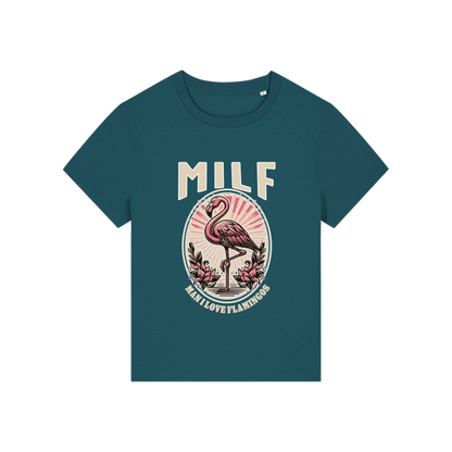teal funny animal t-shirt with the graphic of a flamingo and the slogan 'milf .. man i love flamingos'