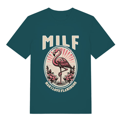 Teal MILF Man I Love Flamingos funny graphic t-shirt with pink flamingo and “MAN I LOVE FLAMINGOS” text  