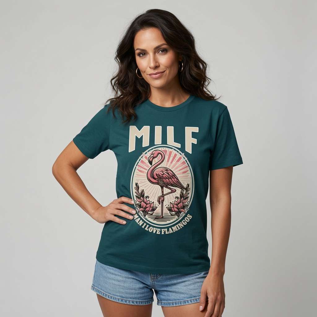 Woman with hand on hip in teal MILF Man I Love Flamingos tee, ladies witty milf pun graphic