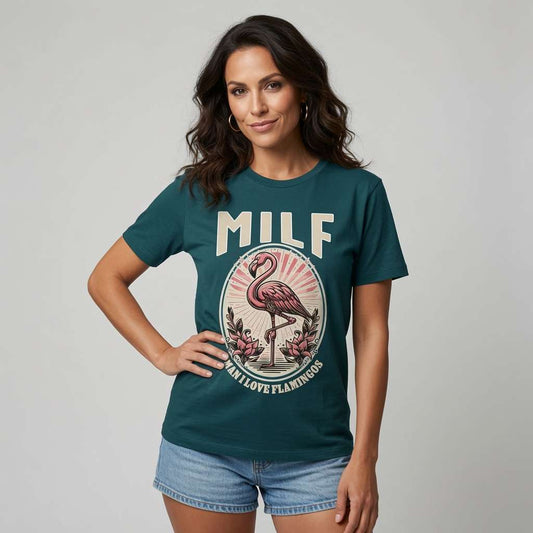 Woman with hand on hip in teal MILF Man I Love Flamingos tee, ladies witty milf pun graphic