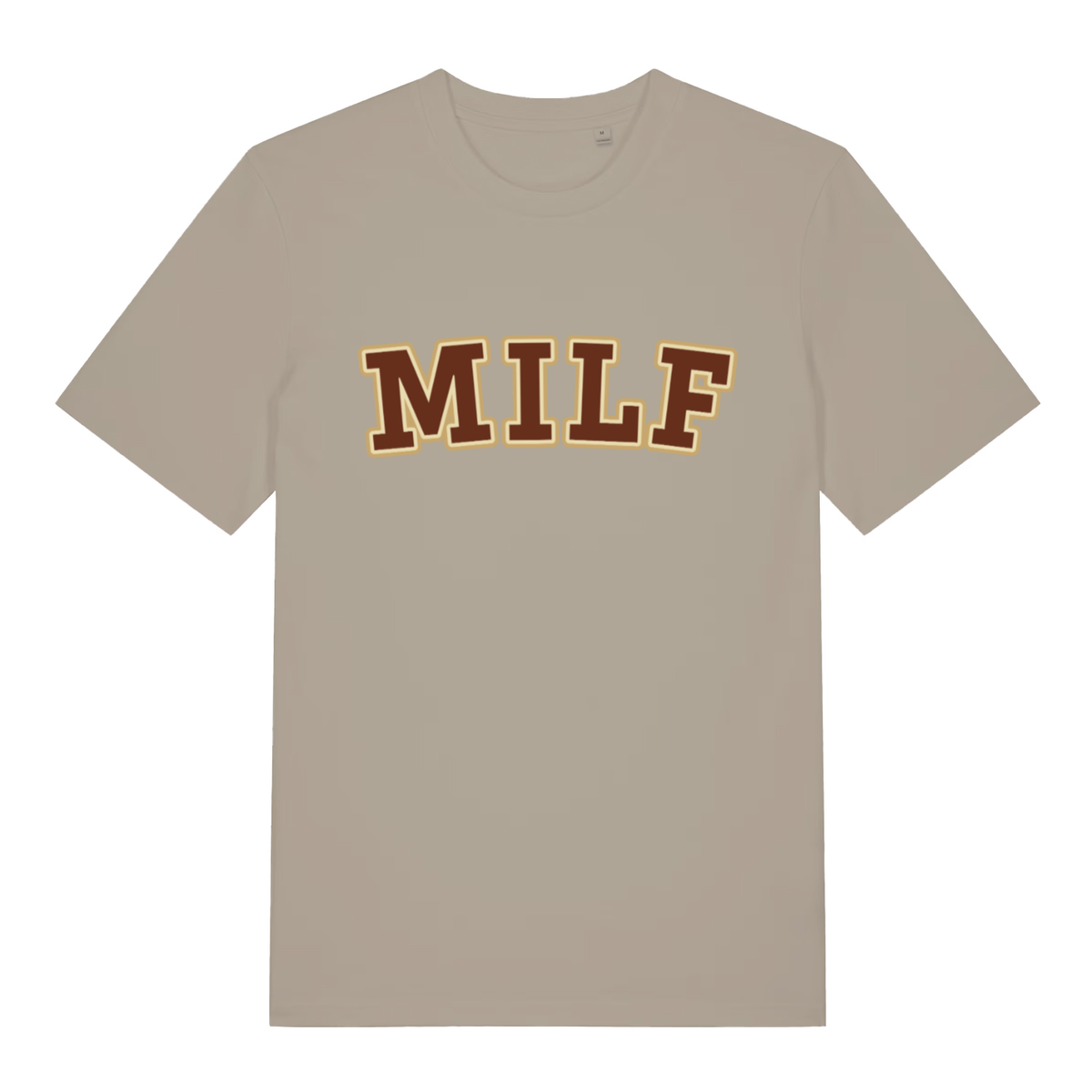 Beige MILF funny slogan t-shirt with bold brown and gold collegiate “MILF” lettering  