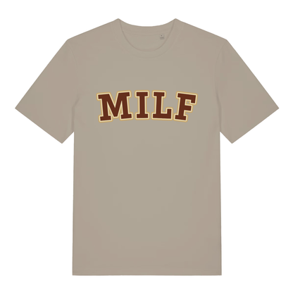 Beige MILF funny slogan t-shirt with bold brown and gold collegiate “MILF” lettering  