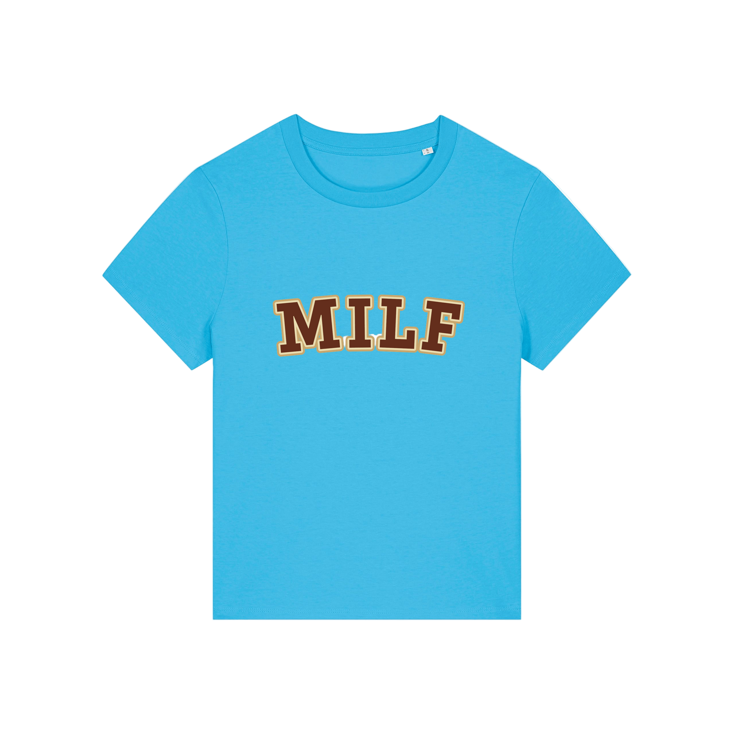 blue matching t-shirt with the slogan 'milf'