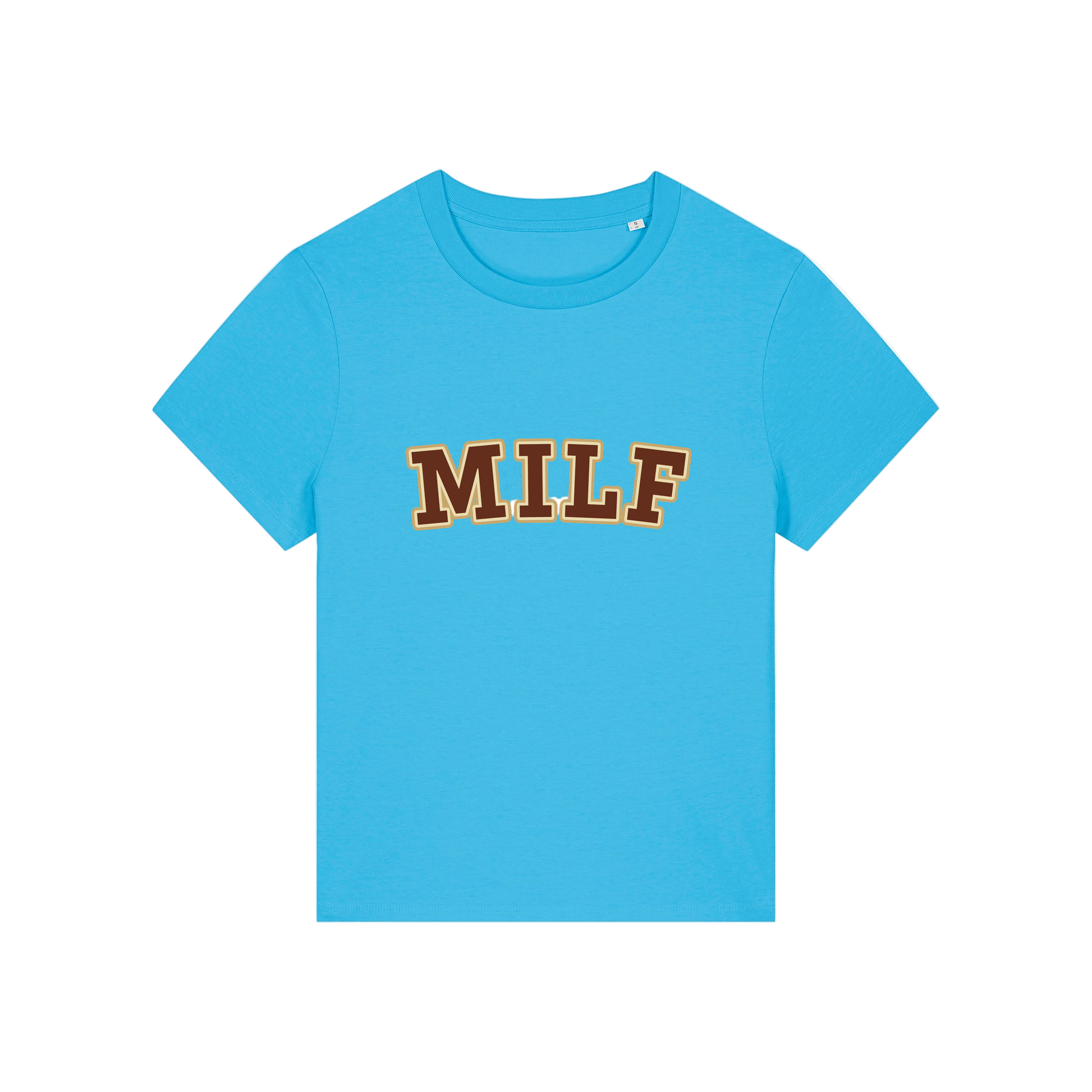 blue matching t-shirt with the slogan 'milf'