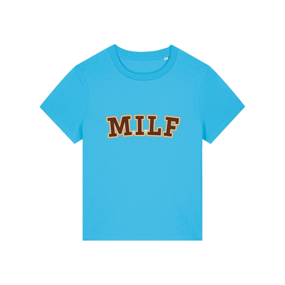 blue matching t-shirt with the slogan 'milf'