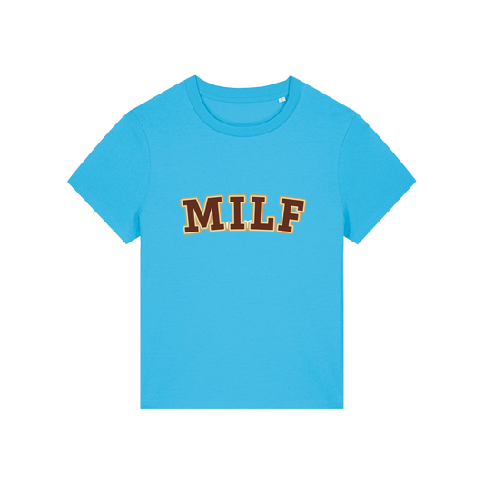 blue matching t-shirt with the slogan 'milf'