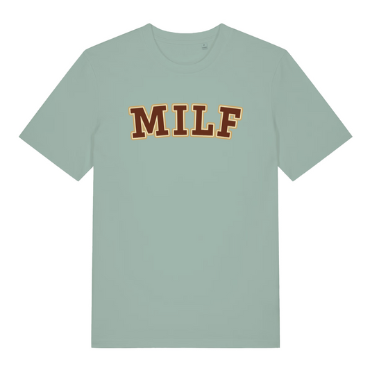 green women's slogan t-shirt with the text 'milf'