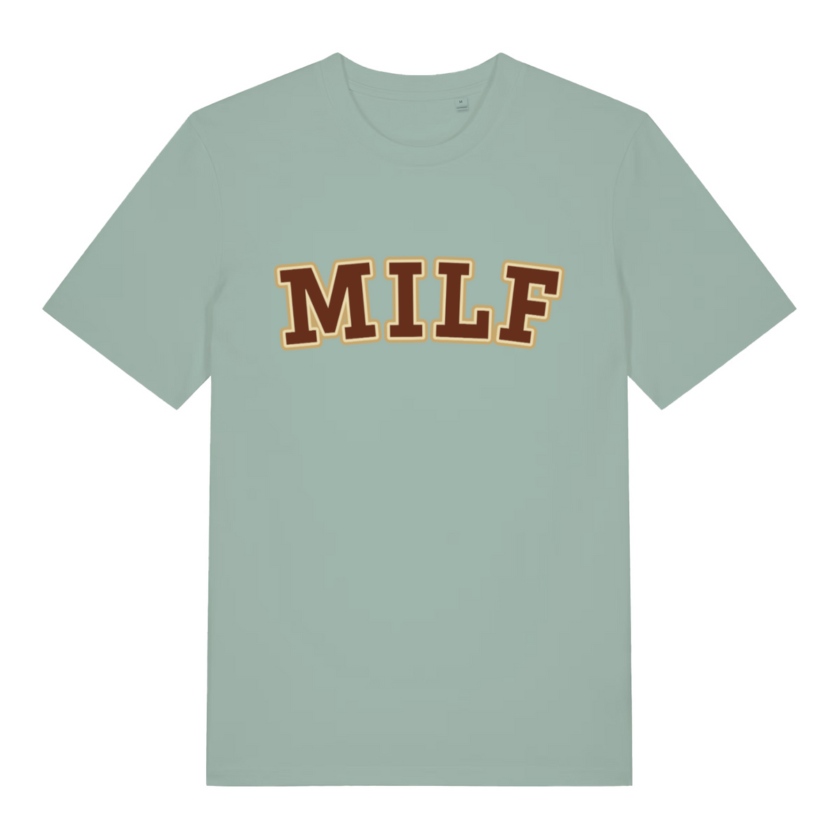 Green MILF funny slogan t-shirt featuring brown and gold varsity-style “MILF” text  