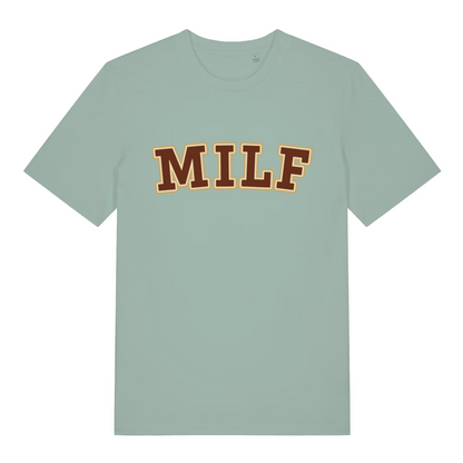 Green MILF funny slogan t-shirt featuring brown and gold varsity-style “MILF” text  