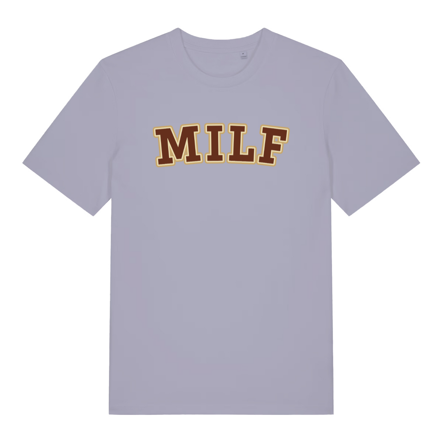 lavender women's slogan t-shirt with the text 'milf'
