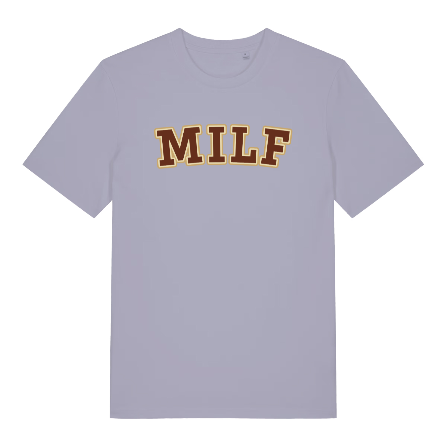 lavender women's slogan t-shirt with the text 'milf'