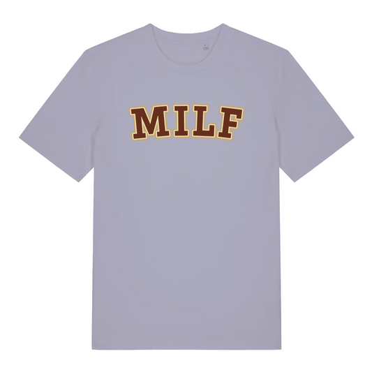 lavender women's slogan t-shirt with the text 'milf'