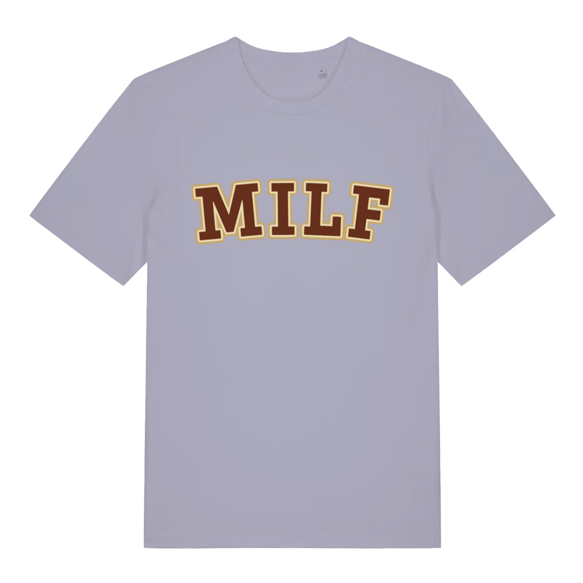 Lavender MILF funny slogan t-shirt with sharp brown and gold “MILF” design  
