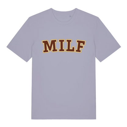 Lavender MILF funny slogan t-shirt with sharp brown and gold “MILF” design  