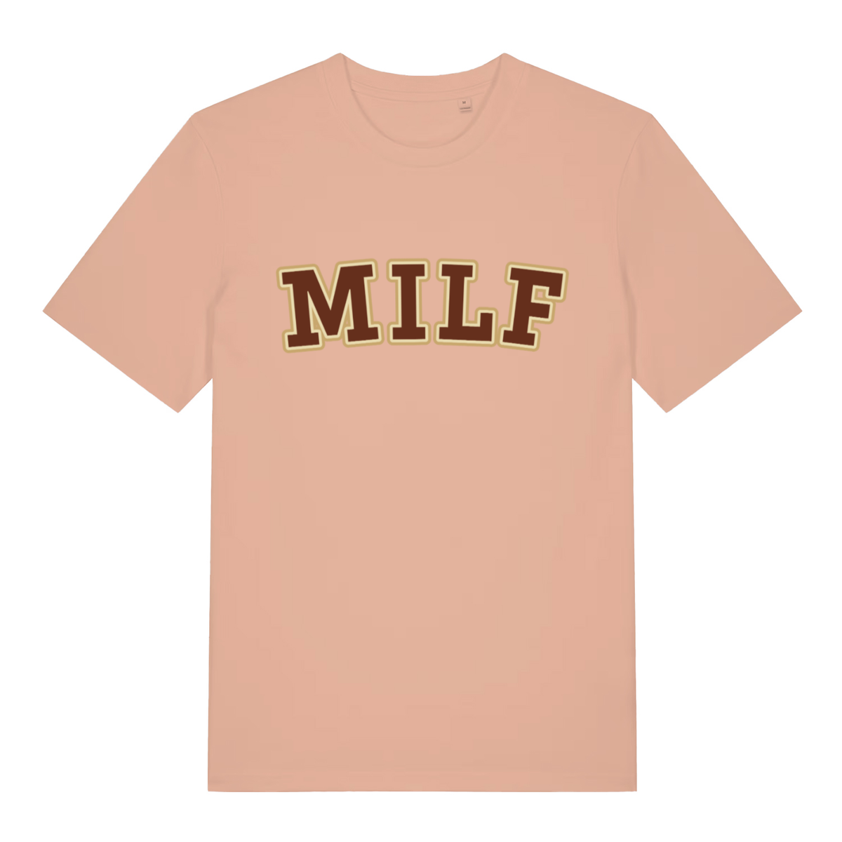 Peach MILF funny slogan t-shirt showing bold collegiate “MILF” lettering  