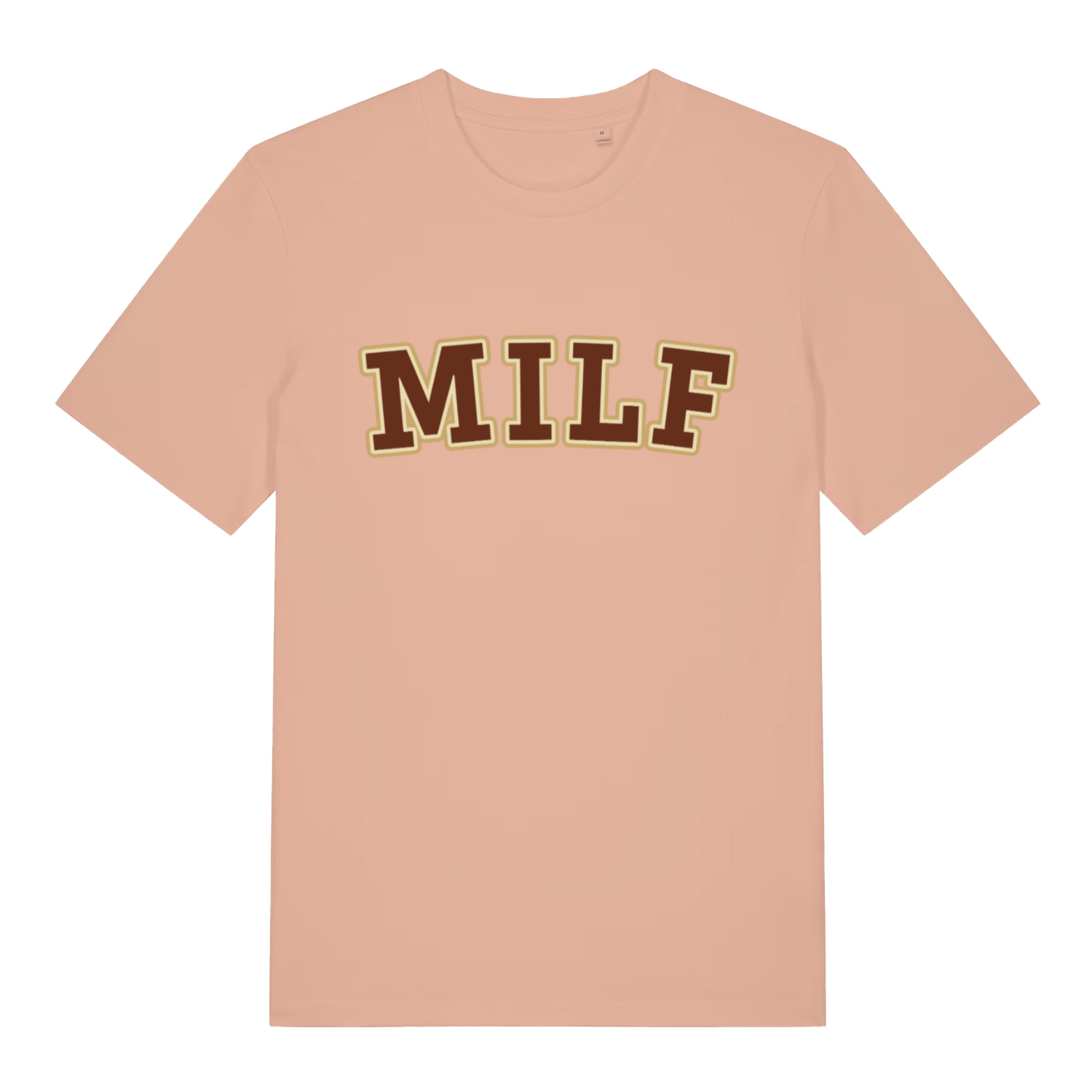 Peach MILF funny slogan t-shirt showing bold collegiate “MILF” lettering  