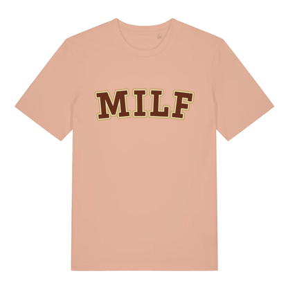 Peach MILF funny slogan t-shirt showing bold collegiate “MILF” lettering  