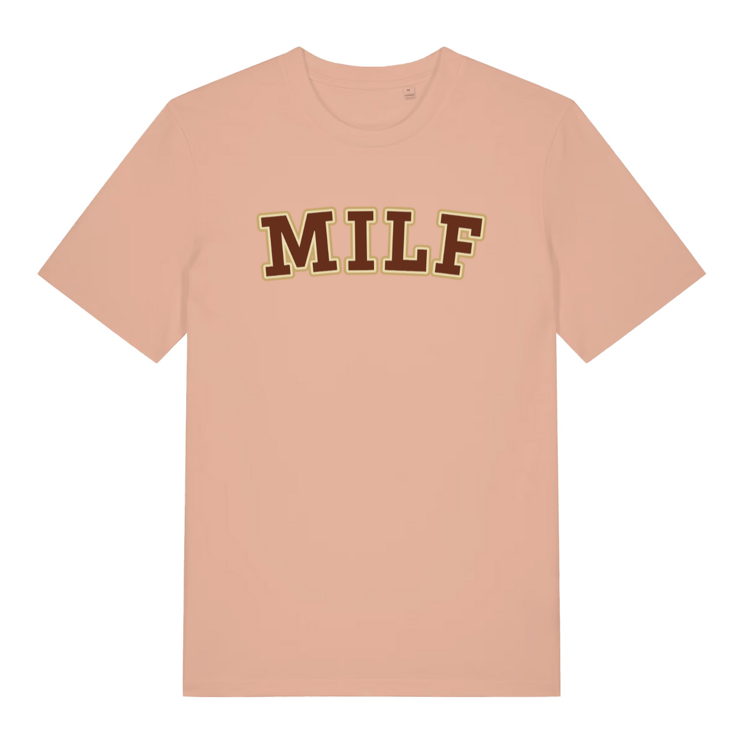 peach women's slogan t-shirt with the text 'milf'