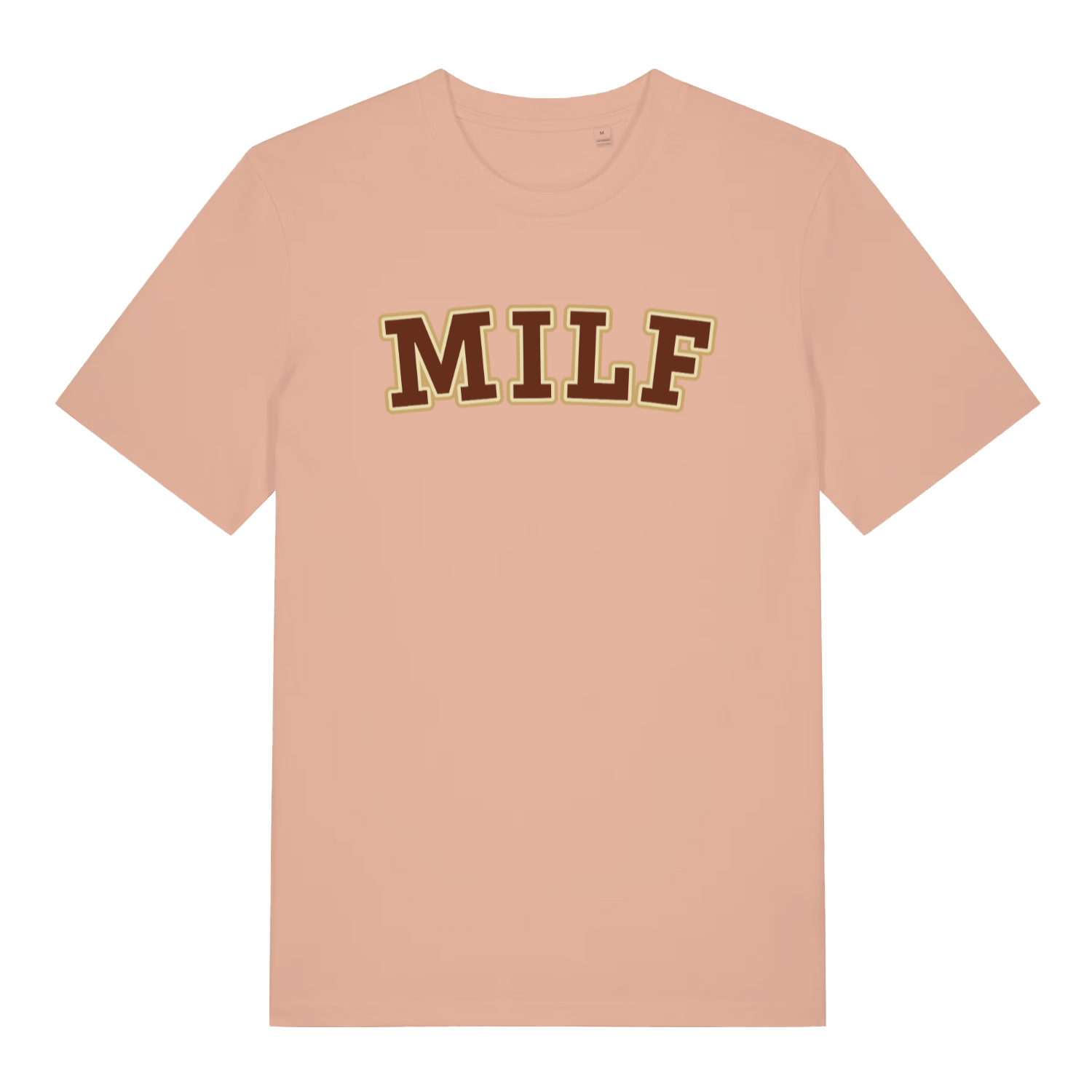 peach women's slogan t-shirt with the text 'milf'