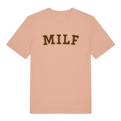 peach women's slogan t-shirt with the text 'milf'