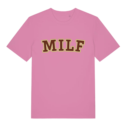 Pink MILF funny slogan t-shirt with brown and gold “MILF” varsity text  