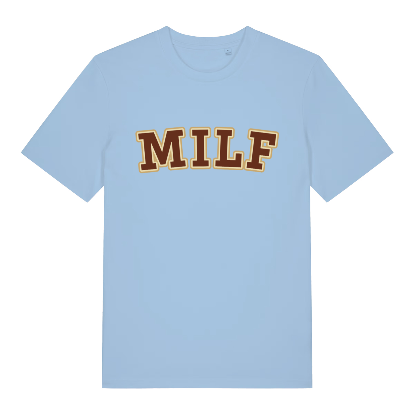 Sky blue MILF funny slogan t-shirt featuring bold brown and gold “MILF” design  