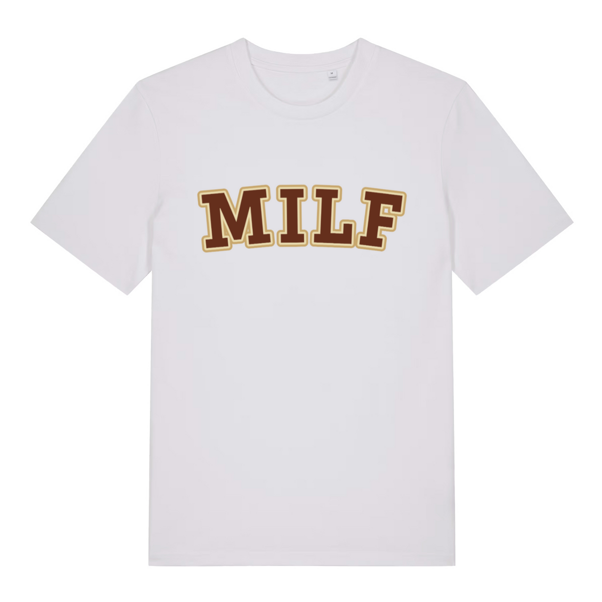 White MILF funny slogan t-shirt with classic brown and gold collegiate “MILF” lettering  