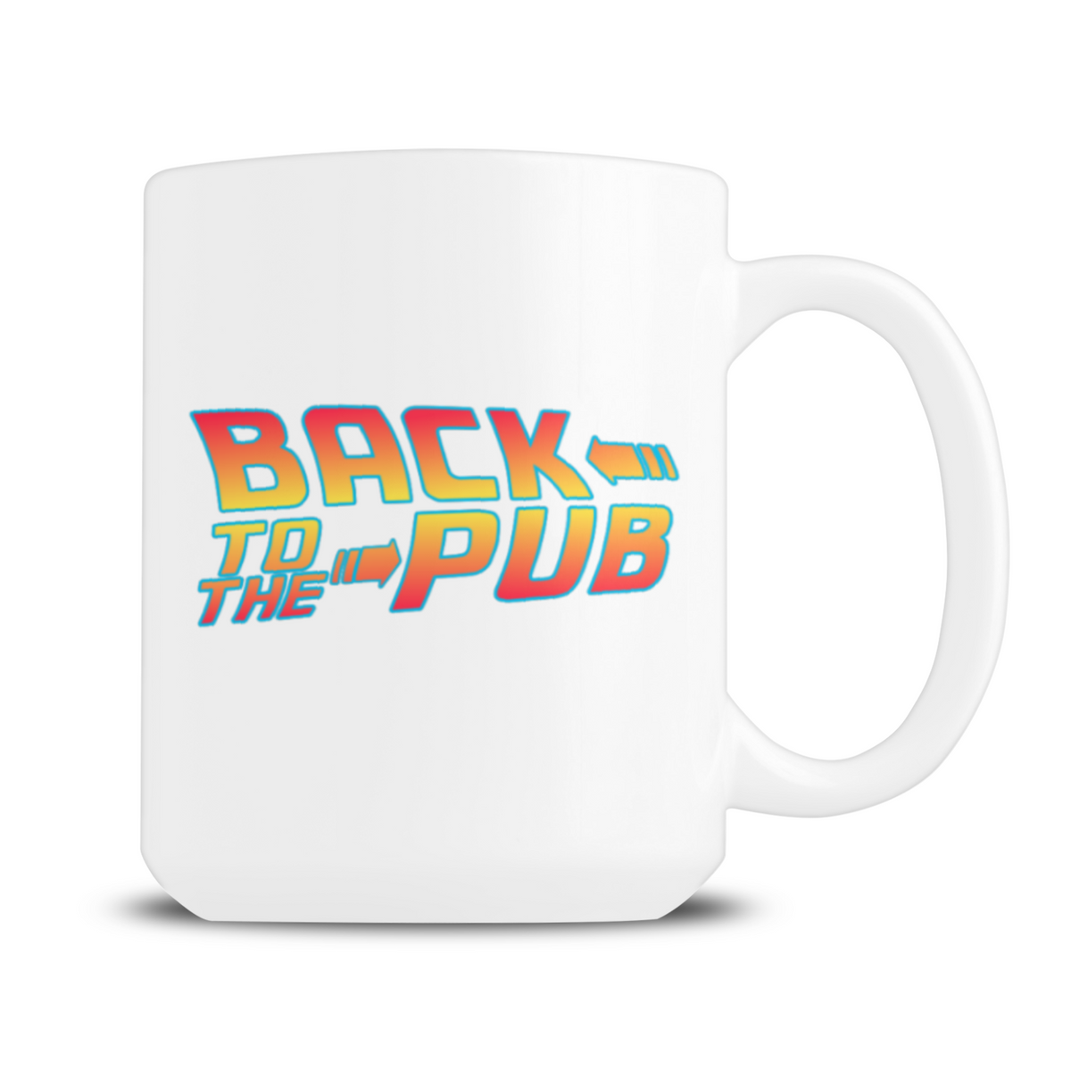 A white ceramic coffee mug featuring a retro-style 'BACK TO THE PUB' graphic in red, orange, and yellow with blue outlines, shown on a clean white background.