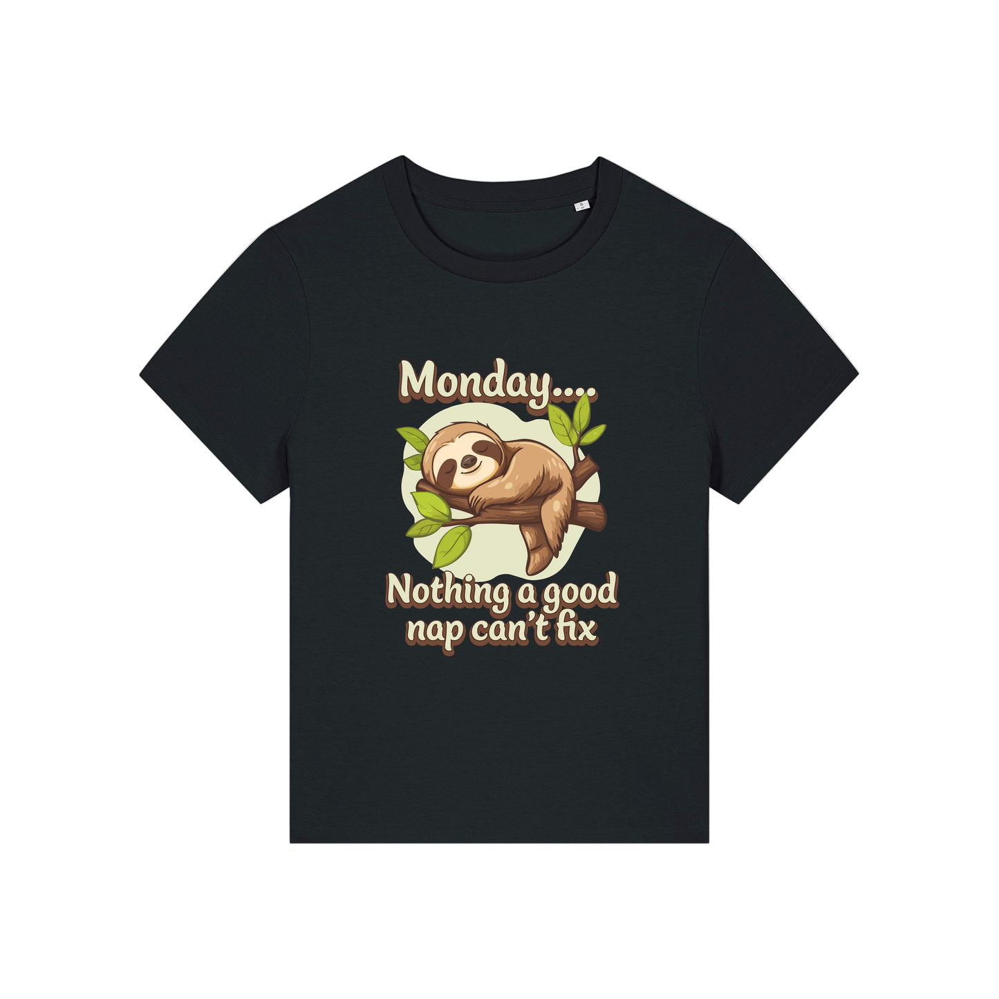 black kawaii t-shirt with the graphic of a sloth and the slogan 'monday nothing a good nap can't fix'