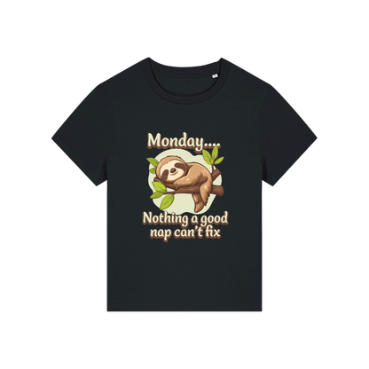 black kawaii t-shirt with the graphic of a sloth and the slogan 'monday nothing a good nap can't fix'