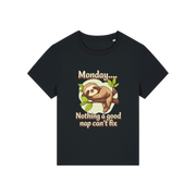 black kawaii t-shirt with the graphic of a sloth and the slogan 'monday nothing a good nap can't fix'