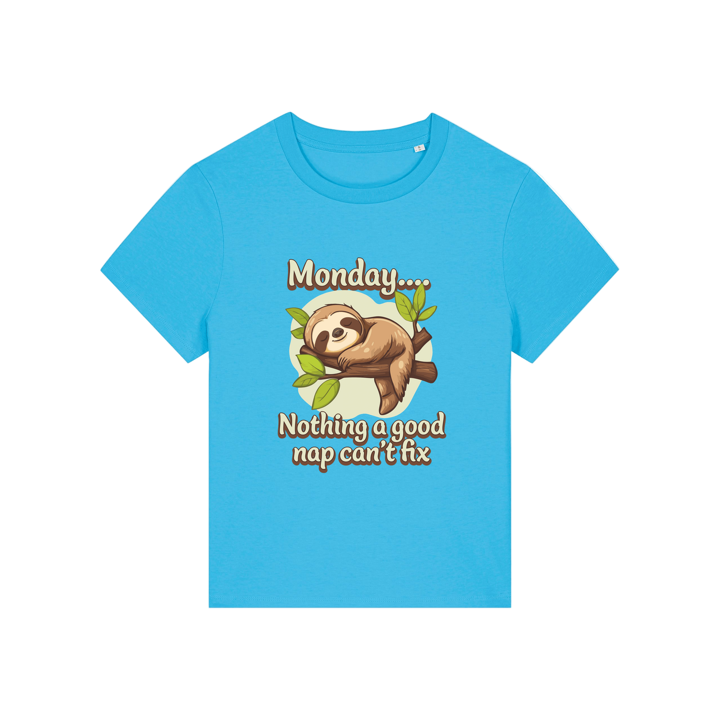 blue kawaii t-shirt with the graphic of a sloth and the slogan 'monday nothing a good nap can't fix'