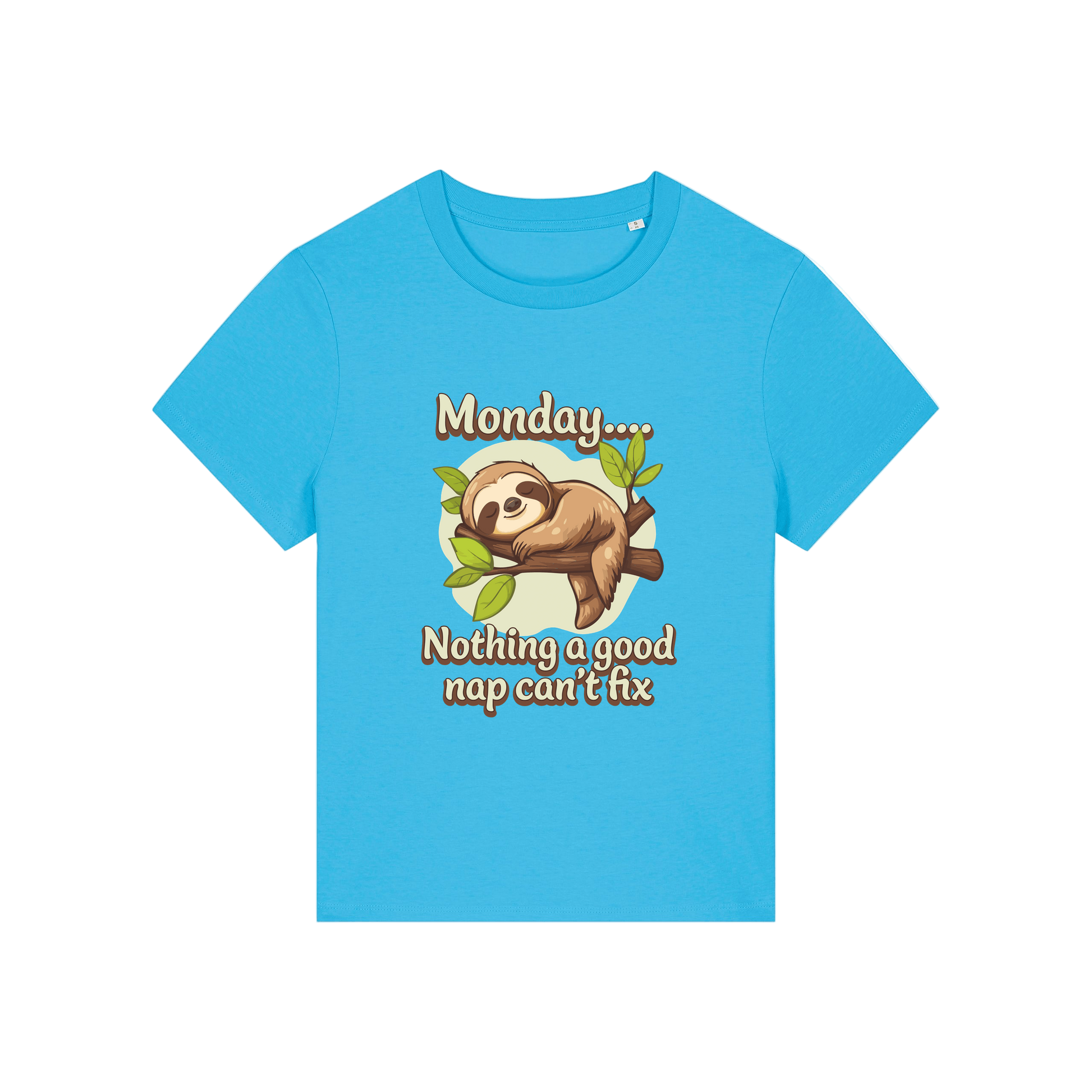 blue kawaii t-shirt with the graphic of a sloth and the slogan 'monday nothing a good nap can't fix'
