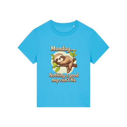 blue kawaii t-shirt with the graphic of a sloth and the slogan 'monday nothing a good nap can't fix'