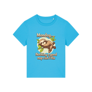 blue kawaii t-shirt with the graphic of a sloth and the slogan 'monday nothing a good nap can't fix'