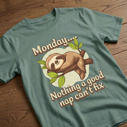 Green Monday Nothing a Good Nap Can’t Fix t-shirt on wood with sloth design, fun cheeky monday sloth graphic