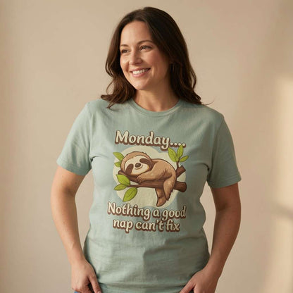 Woman smiling with hands on hips in green Monday Nothing a Good Nap Can’t Fix tee, fun cheeky monday sloth animal