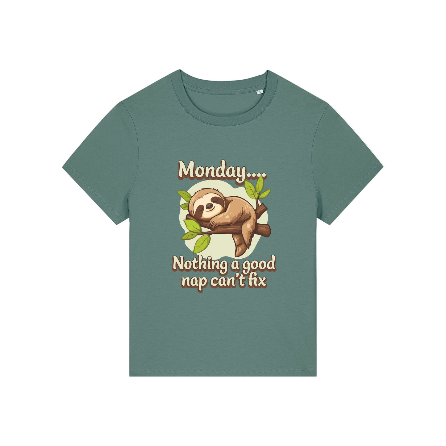 green kawaii t-shirt with the graphic of a sloth and the slogan 'monday nothing a good nap can't fix'