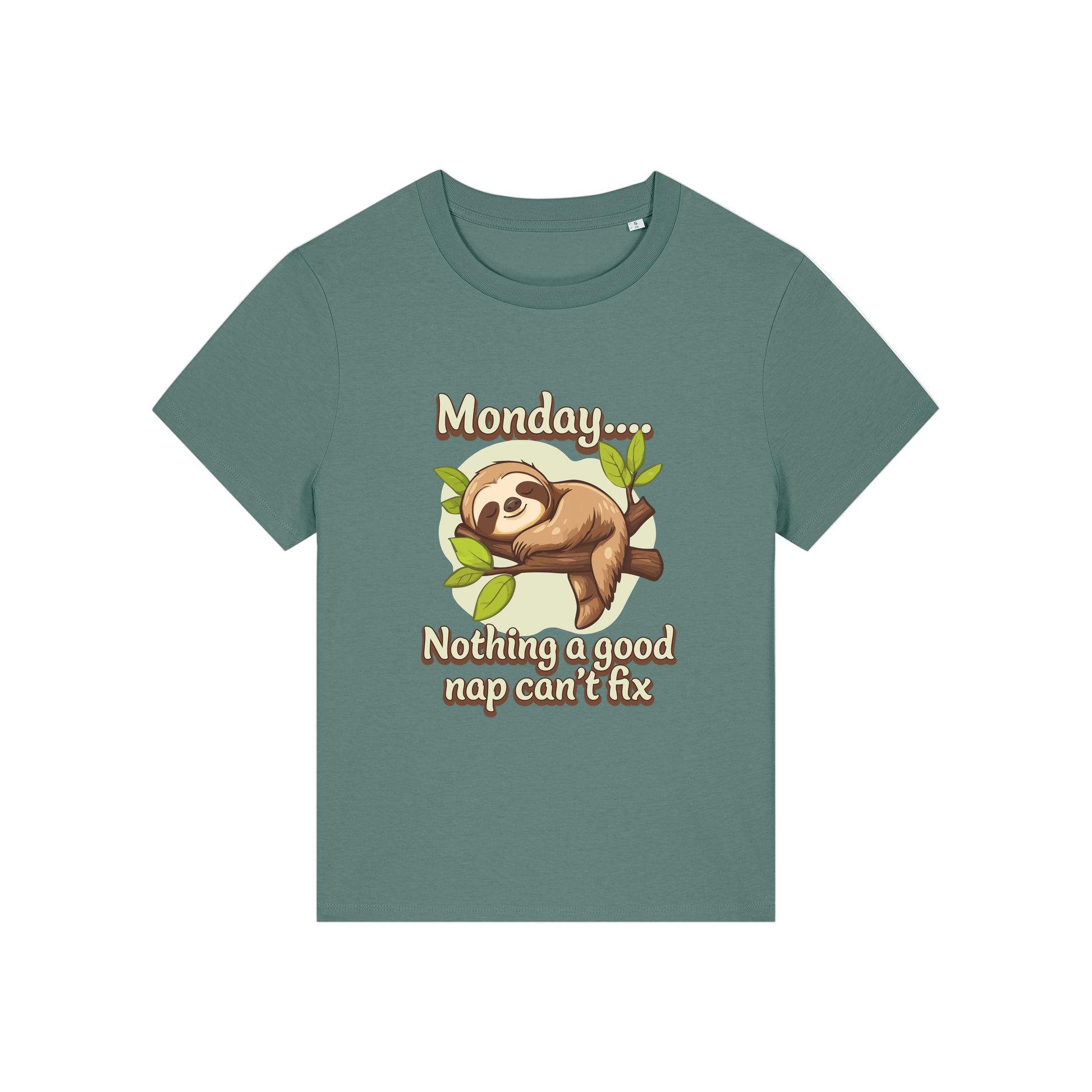 green kawaii t-shirt with the graphic of a sloth and the slogan 'monday nothing a good nap can't fix'
