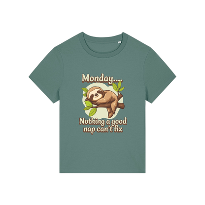 green kawaii t-shirt with the graphic of a sloth and the slogan 'monday nothing a good nap can't fix'