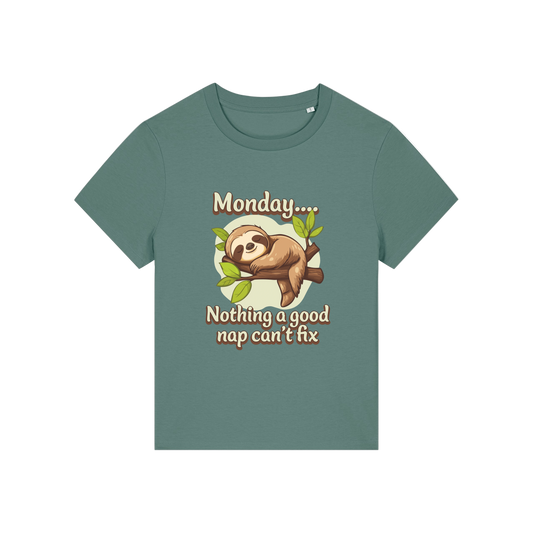 green kawaii t-shirt with the graphic of a sloth and the slogan 'monday nothing a good nap can't fix'