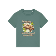 green kawaii t-shirt with the graphic of a sloth and the slogan 'monday nothing a good nap can't fix'