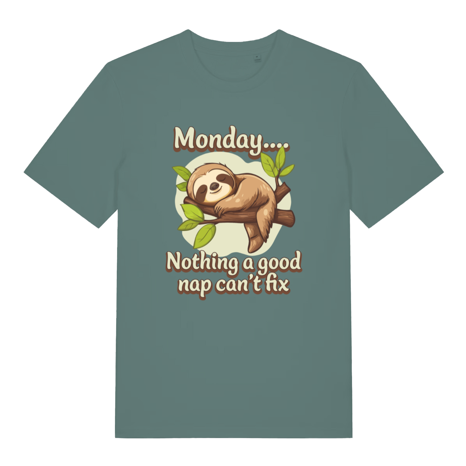 green women's kawaii t-shirt with the graphic of a sleeping sloth and the slogan 'monday, nothing a good nap can't fix'